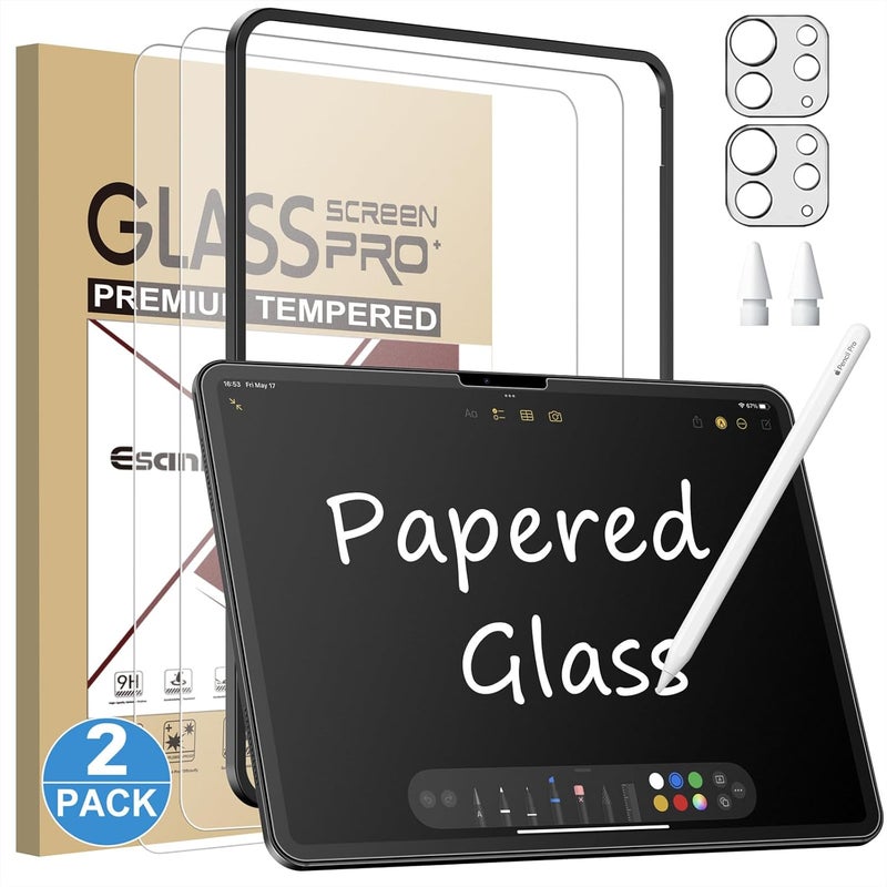 Esanik حزمة 2+2 من واقي شاشة زجاجي مثل الورق لجهاز iPad Pro 13 بوصة M5/M4 (2025/2024) مع واقي عدسة الكاميرا وإطار المحاذاة، زجاج مقسى 9H فيلم PAPERed للرسم والكتابة - Image 1